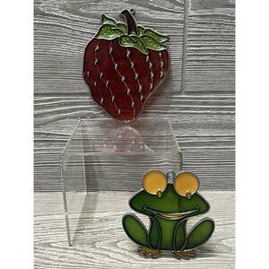 Stained Glass Frog & Strawberry Sun Catchers Vintage Retro Window Decor